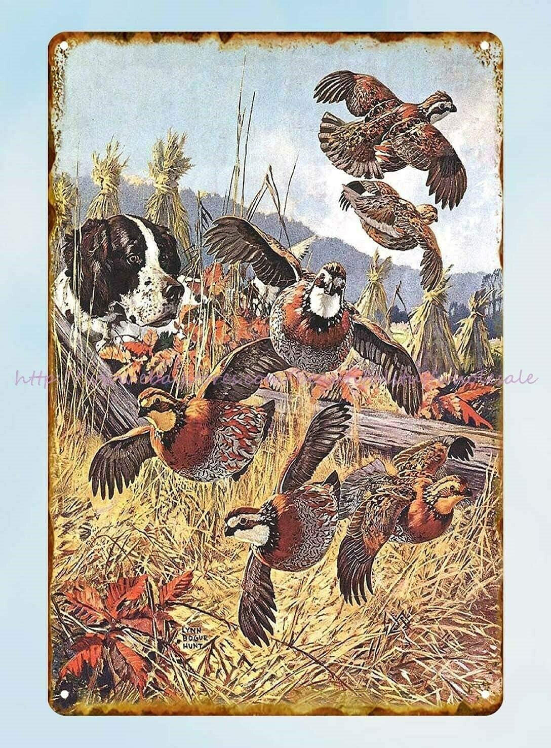 Hunting Quail - ป้ายโลหะวินเทจ 1 ชิ้น ลายล่าสัตว์ล่าไก่กระทาในทุ่งข้าวโพด พร้อมสุนัข ของตกแต่งผนัง