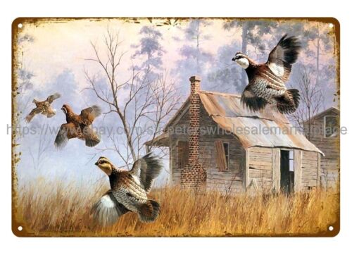 Hunting Quail - ป้ายโลหะตกแต่งผนังภายในอาคาร ลายศิลปะล่าสัตว์ปีกนก นกกระทา สัตว์ป่า ทิวทัศน์